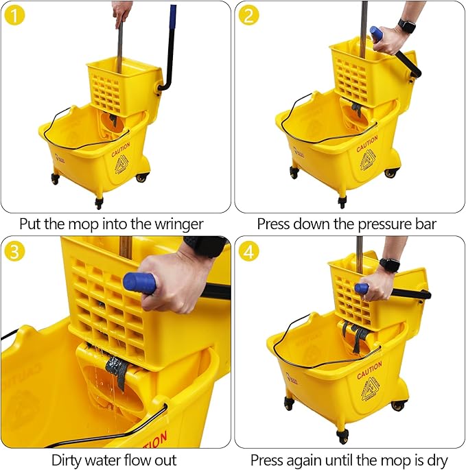 Mop Bucket with Side Press Wringer, 25 Quart Bucket on Wheels for Mopping Floors, Yellow