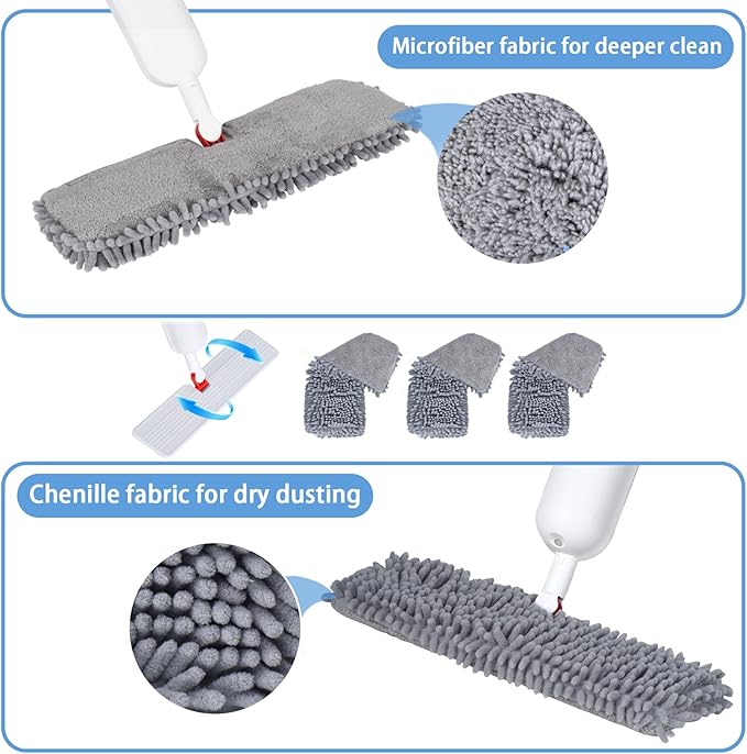 Mop for Floor Cleaning - 2-in-1 Double-Sided Microfiber Spray Mop with Flip Design, 3 Reusable Pads, for Laminate, Ceramic, Tile, Vinyl - Home & Commercial Use