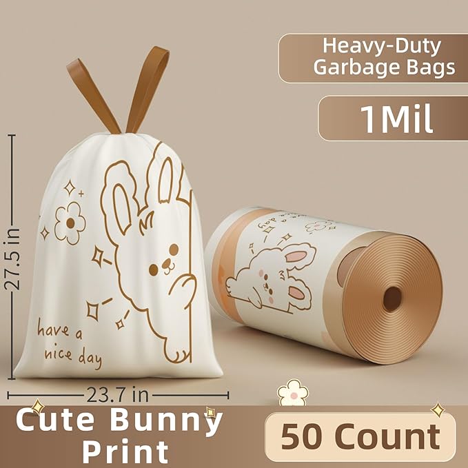 13 Gallon Trash Bags Drawstring, 50 Count Tall Kitchen Trash Bags, Sturdy Large Trash Bags, Cute Rabbit Printed Garbage Bags 13 Gallon Tall Kitchen, Tear Resistant Kitchen Garbage Bags for Kitchen