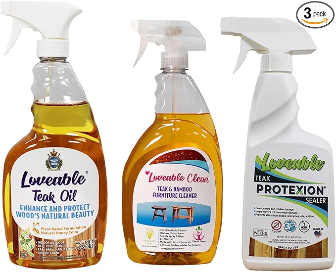 EcoDecors Protective Bundle – Loveable Teak Conditioning Oil, Teak Furniture Cleaner, and Protexion Teak Sealer Spray Bottle