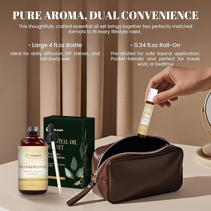 Frankincense Essential Oil (4 fl.oz Bottle + 0.34 fl.oz Roll-On) — Frankincense Oils for Aromatherapy, Diffusers, Humidifiers, Home fragrances, DIY Skincare, Candle, Soap Making, Relaxation, Yoga