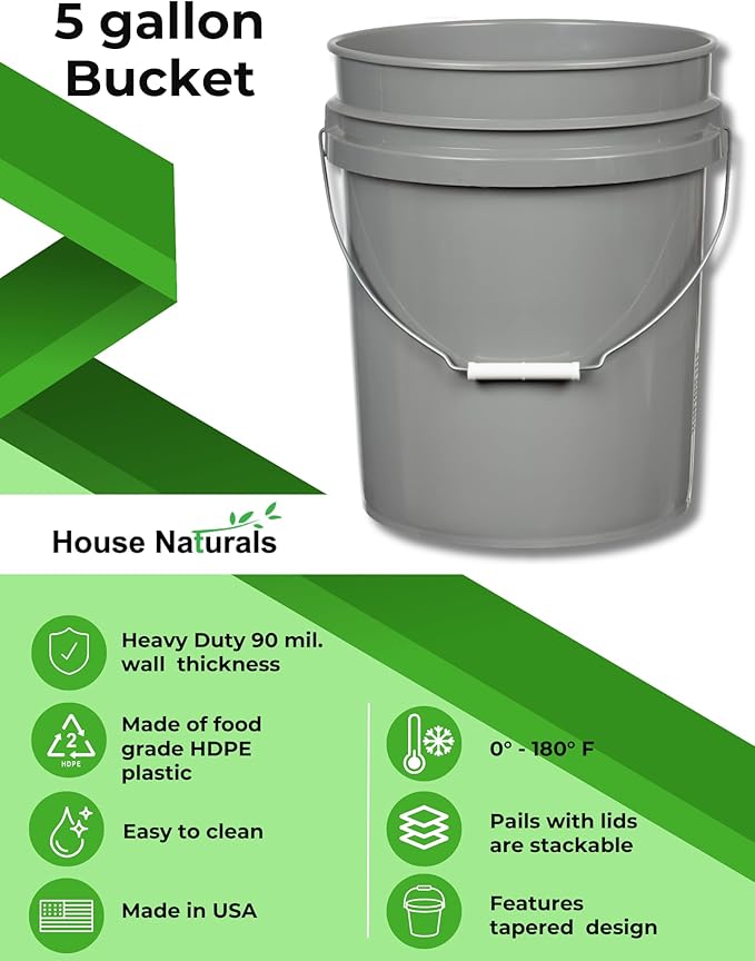 House Naturals 5 Gallon Food Grade BPA Free Made in USA Pails Gray Bucket with Screw On Air Tight Lid (1, Gray with Blue lids)