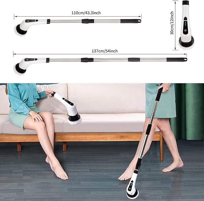 Electric Spin Scrubber, FARI Cordless Cleaning Brush with 7 Replaceable Brush Heads, Tub and Floor Tile 360 Power Scrubber Mop with Adjustable Handle for Bathroom Kitchen Car (White)