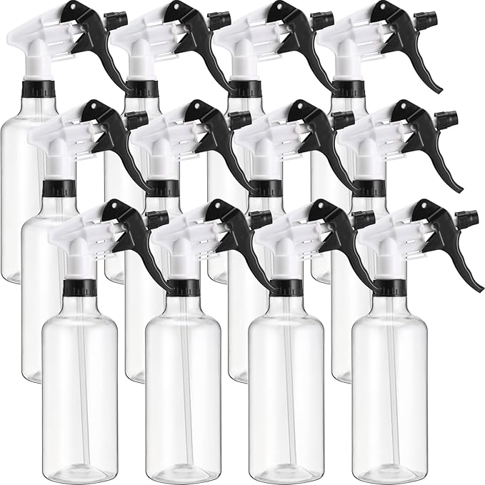Eccliy 12 Pcs 16 Oz Plastic Spray Bottle, Adjustable Empty Reusable Sprayer for Cleaning, Planting, Water, Bathroom and Kitchen, BBQ, Commercial and Residential(Black,Clear)