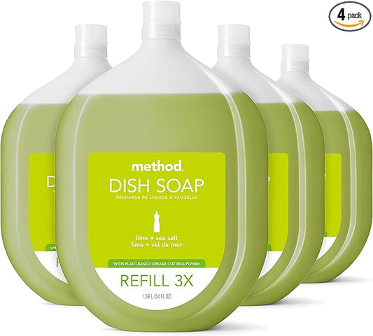Method Gel Dish Soap Refill, Lime + Sea Salt Scent, Powerful Cleaning Formula, Large Refill Tub, Biodegradable Formula, Cuts Through Grease, 54 Fl Oz (Pack of 4)