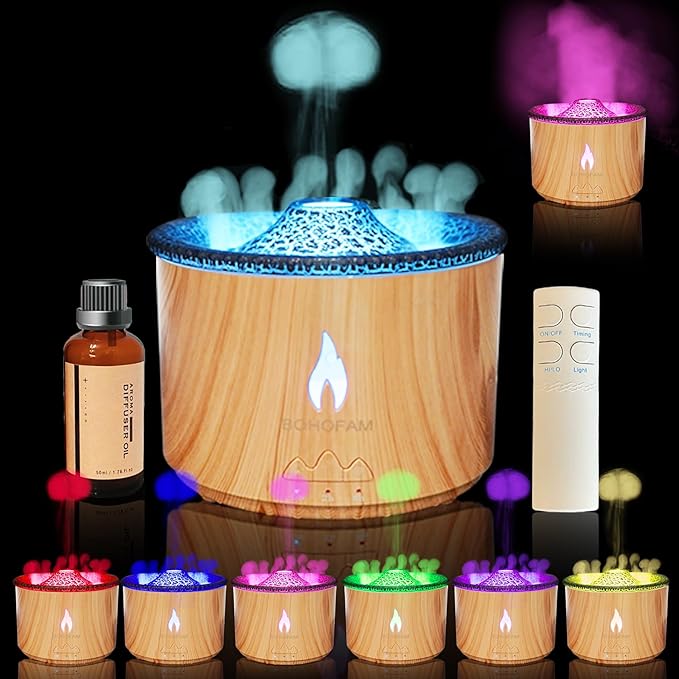 BOHOFAM Aroma Essential Oil Diffuser 360 ML,Volcano and Flame Diffuser/Humidifier,Give1.76 oz Hotel Collection Diffuser Oils,7 Colorful Light Change,Diffusers for Home,Large Room(Wood Grain)