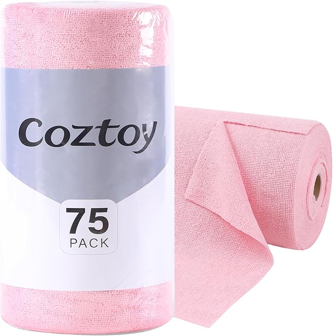 Microfiber Cloth Roll 75 Pack, 180GSM, Tear Away Microfiber Towels 12x12 Inch, Reusable Cleaning Rags for Car Detailing, Kitchen, Dishes, House Cleaning, Windows, Glass, Garage, Shop (Pink)