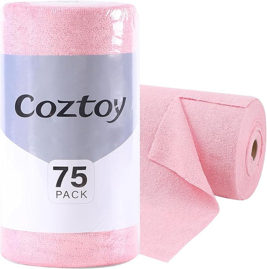 Microfiber Cloth Roll 75 Pack, 180GSM, Tear Away Microfiber Towels 12x12 Inch, Reusable Cleaning Rags for Car Detailing, Kitchen, Dishes, House Cleaning, Windows, Glass, Garage, Shop (Pink)