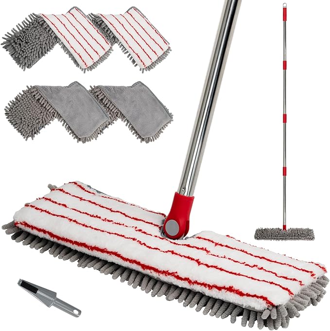 Microfiber Mops for Floor Cleaning, Flat Dust Mop with 4 Washable Pads, Dual-Sided Flip Mop for Wet & Dry Use, Extendable 62’’ Handle with Scraper, Floor Mops for Hardwood,Laminate,Vinyl,Kitchen,Tile