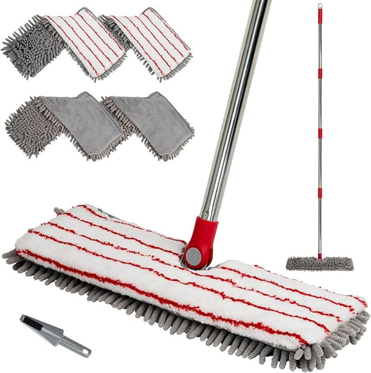 Microfiber Mops for Floor Cleaning, Flat Dust Mop with 4 Washable Pads, Dual-Sided Flip Mop for Wet & Dry Use, Extendable 62’’ Handle with Scraper, Floor Mops for Hardwood,Laminate,Vinyl,Kitchen,Tile