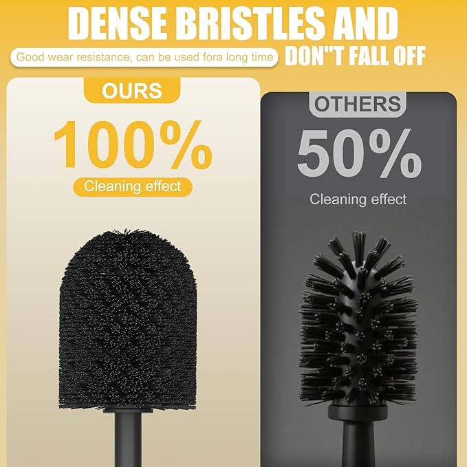 BESy Toilet Brush and Holder, Toilet Cleaner Bowl Set with Two Brush with Extra Long Handle, Durable Bristles Toilet Scrubber and Covered Holder, Drip-Proof Stainless Steel Matte Black
