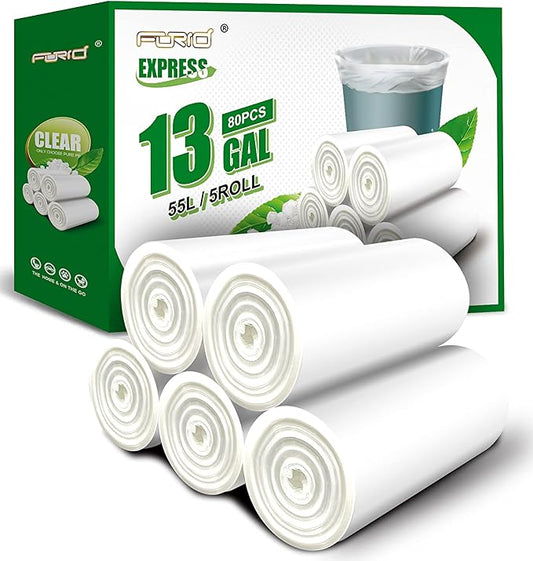 FORID 13 Gallon Trash Bags - Clear Plastic Garbage Bag Unscented Tall Medium Can Liners for Kitchen Office Home Waste Basket 5 Roll 55 Liters 80 Counts