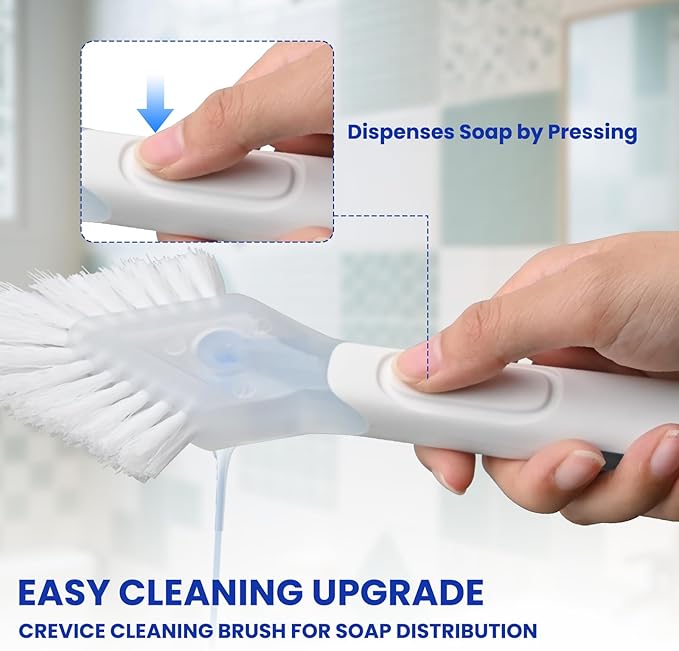 RIMAY Hard Bristle Crevice Cleaning Brush with Soap Dispenser 2 Pcs, Multifunctional Gap Scrub Brush, Small Cleaning Brushes for Tight Spaces, Corner, Windows, Kitchen, Bathroom, Sink, Grout, Car