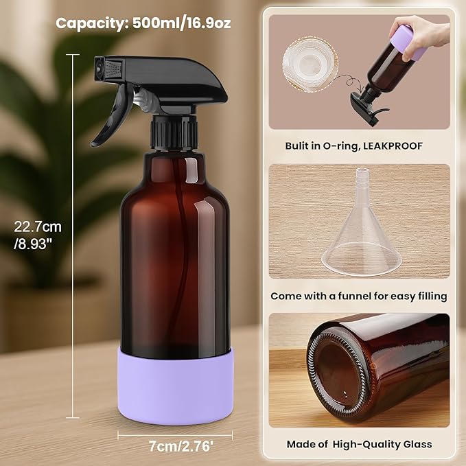 Glass Spray Bottles with Silicone Sleeve 16.9oz 2 Pack Empty Spray Bottle for Hair Mist/Stream Spraying for Cleaning Solutions, Plants, Essential Oils (Brown-qblue&purple)
