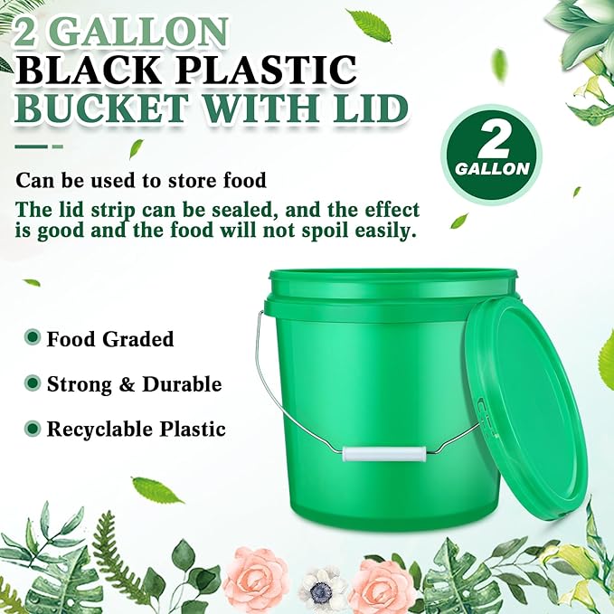 6 Pack 2 Gallon Plastic Bucket with Lid Heavy Duty Pail with Metal Handle Reusable Small Multipurpose Paint Buckets Container for Food Storage(Green)