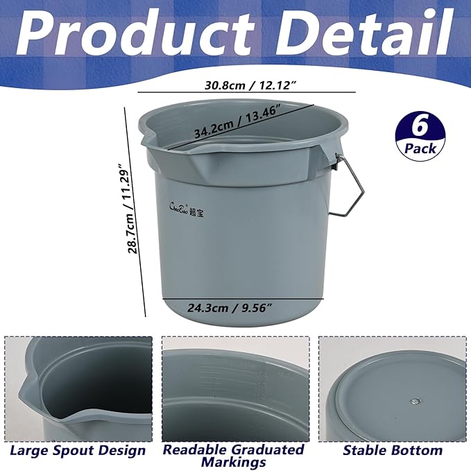 3.5 Gallon Industrial Bucket, Built-in Spout w/Handle, Heavy-Duty Plastic Cleaning Bucket, 6 Pack (Gray)