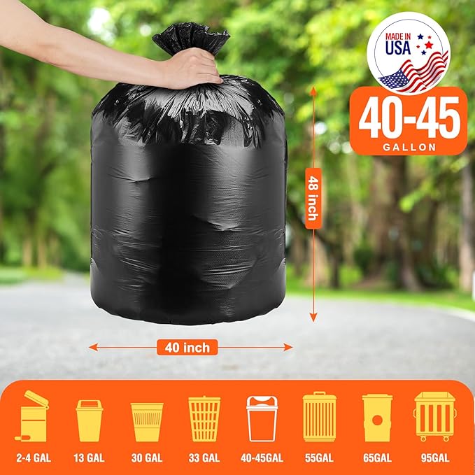 Delxo 40-45 Gallon Black Trash Bags, 125 Count – Heavy Duty Contractor Garbage Bags, Thick, Durable & Puncture-Resistant Plastic – Made in USA for Kitchen, Yard & Commercial Use