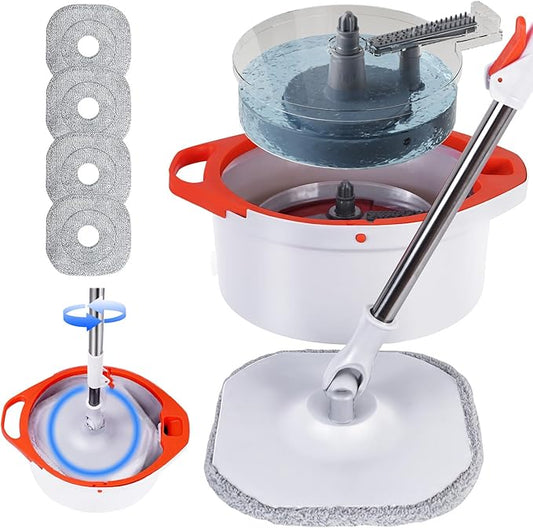 Spin Mop and Bucket with Separate Dirty and Clean Water,360° Spin Mop and Bucket System with Widening Foldable Handle,4 Replaceable Mop Pads,Square Mop for Floor Hardwood Marble Wall Cleaning