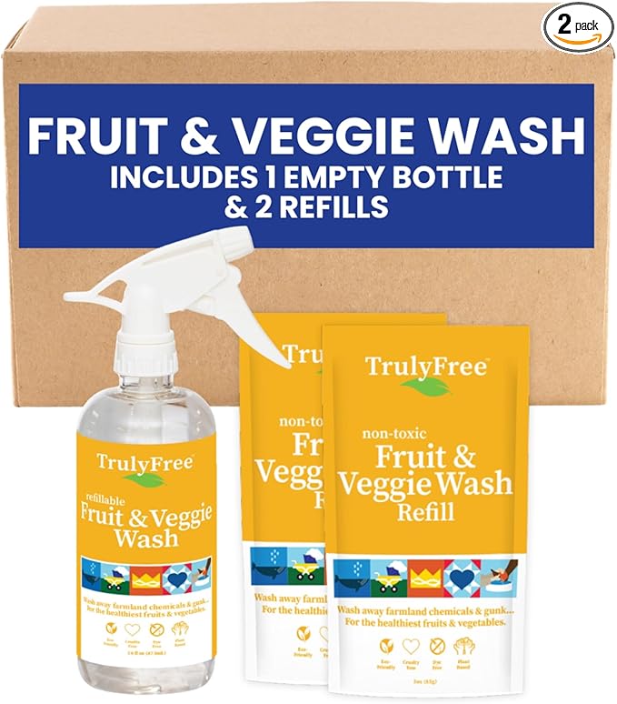 Truly Free Natural Fruit and Veggie Wash Kit - Produce Cleaner Spray (16oz Reusable Empty Bottle + Two Pouches, 3oz ea.) - DIY Vegetable Washer & Fruit Cleanser