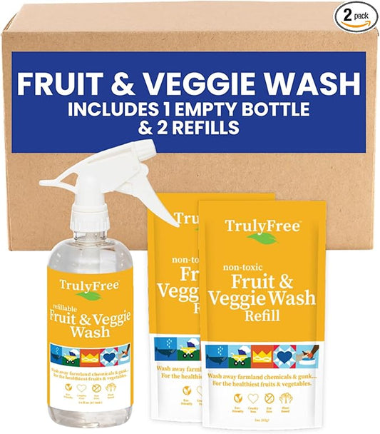 Truly Free Natural Fruit and Veggie Wash Kit - Produce Cleaner Spray (16oz Reusable Empty Bottle + Two Pouches, 3oz ea.) - DIY Vegetable Washer & Fruit Cleanser