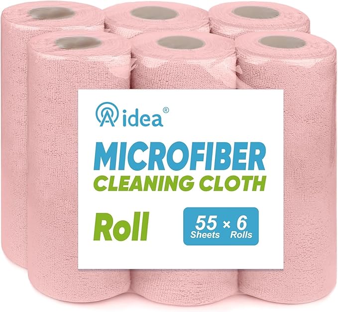 AIDEA Microfiber Cleaning Cloth 330 Sheets 6 Roll, Pink, Microfiber Towels for Cars, Shop Rags Washable,Cleaning Rags Reusable Paper Towels for Automotive, Mechanic, Workshops, House,11×9"
