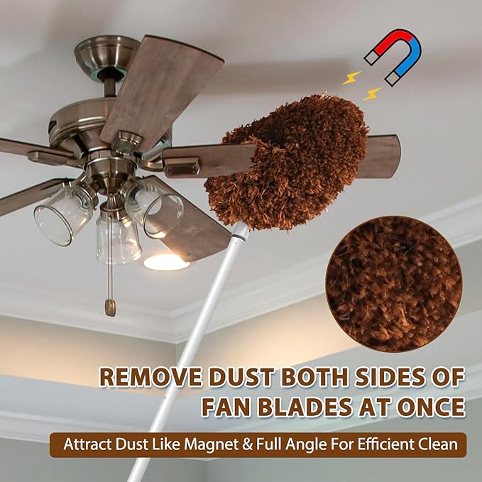 Ceiling Fan Cleaner Duster High Ceiling Extended Fan Blade Cleaner from 13 to 50 Inch Reusable Microfiber Ceiling Fan Duster with Extension Handle for Furniture Bookshelves Wall Door (Brown)