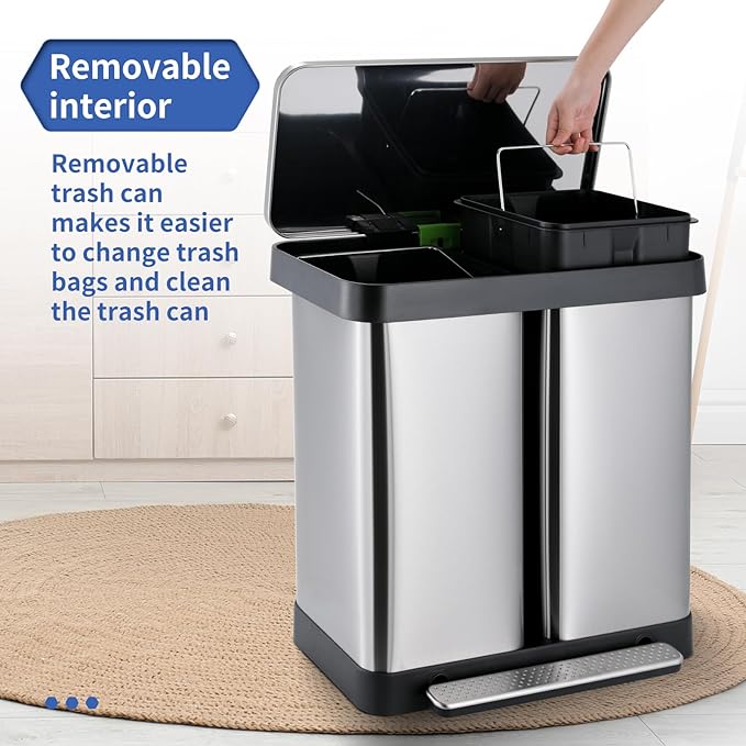 16 Gallon Dual Compartment Trash Can, Hands-Free Recycling Rectangular Garbage Bin, Stainless Steel Step-On Dustbin with Soft-Close Lid, Removable Inner Buckets, for Kitchen Home