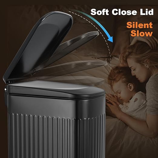 TrashAid Small Black Bathroom Trash Can with Lid Soft Close, 6 Liter / 1.6 Gallon, Stainless Steel Garbage Can with Removable Inner Bucket, Step Pedal, Slim Wastebasket for Toilet, Office, Bedroom