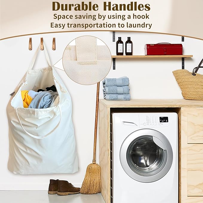 Canvas Laundry Bag 33"x 35", Thick Cotton Laundry Bag with Handles & Drawstring, Extra Large Heavy Duty Washable Basket Liner Hamper Liner Canvas Storage Sack (Beige XL, 1 Pack)