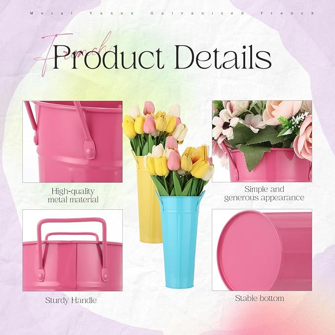 Lallisa 24 Pcs Metal Vases 9 Inch Galvanized French Farmhouse Flower Buckets with Handles and Hemp Rope, Vintage Style Flower Containers for Country Wedding Party Table Centerpiece Decor (Colorful)