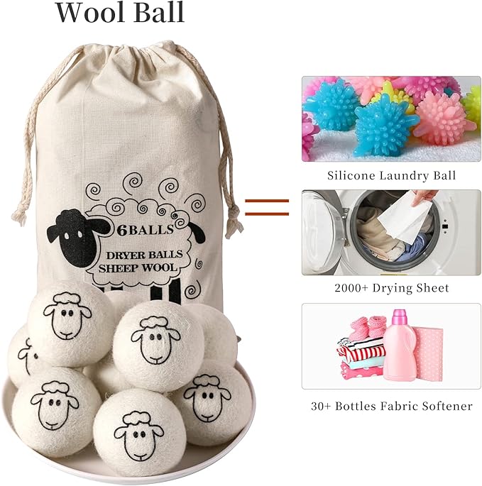 Dryer Balls Laundry Reusable, XL Wool Dryer Balls Cute, Fabric Softener Ball, Extra Large Dryer Balls with Animal Pattern, Shorten Drying Time, Organic Wool - Dry 1000+ Loads (6 Pack Sheep Pattern)