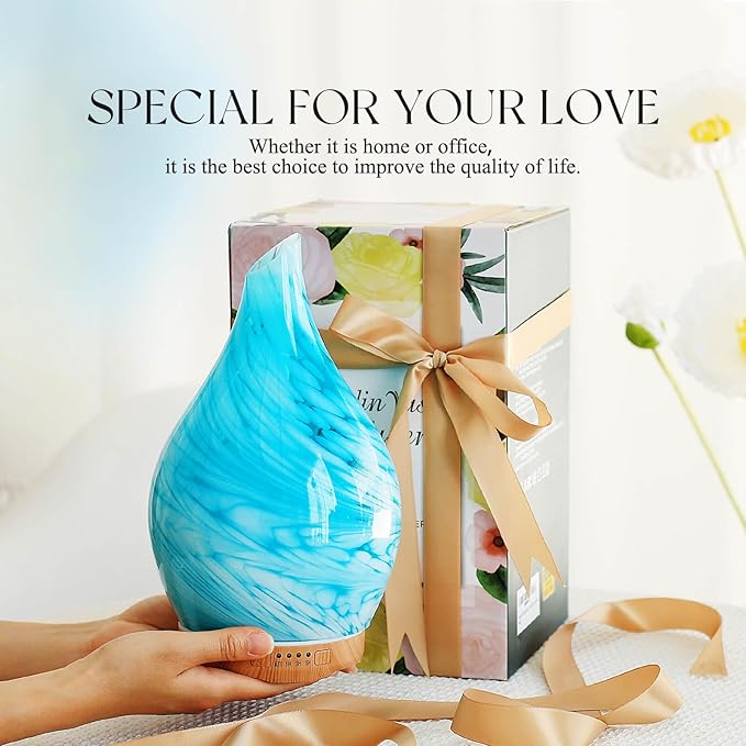 Porseme 280ml Essential Oil Diffuser Glass Color Changing Aroma Air Diffusers Aromatherapy Ultrasonic Cool Mist Humidifier 7 Running Hours Waterless Auto-off for Sleeping, Yoga, Office, Spa(Blue Wave)