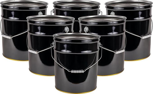 ATERET 5 Gallon Black Metal Bucket, Heavy Duty Durable Steel Open Head Pail with Handle for Outdoor and Household Use (6 Pack - Bucket Only)
