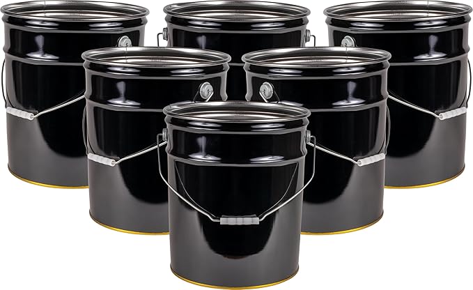 ATERET 5 Gallon Black Metal Bucket, Heavy Duty Durable Steel Open Head Pail with Handle for Outdoor and Household Use (6 Pack - Bucket Only)