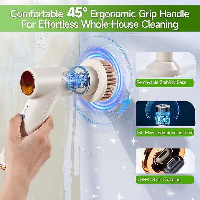 Cordless Electric Spin Scrubber Pro, Power Scrubber Cleaning Brush with 7 Replaceable Heads, Base, Dish Scrubber, Bathroom Shower Brush, 2 Adjustable Speeds, for Cleaning Kitchen Sink Tile Tub Floor