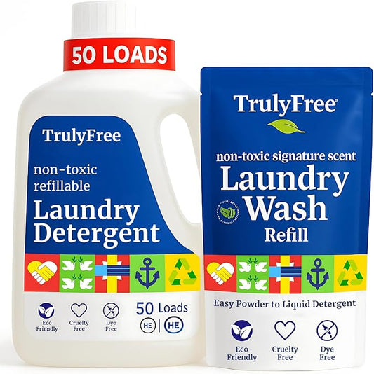 Truly Free Natural Laundry Detergent for Sensitive Skin | Eco Friendly, Plant Based, Baby Clothes Safe | Clean & Easy Powder to Liquid, 1 Pack Detergent + 1 Refillable Jug | Signature Scent, 50 Loads