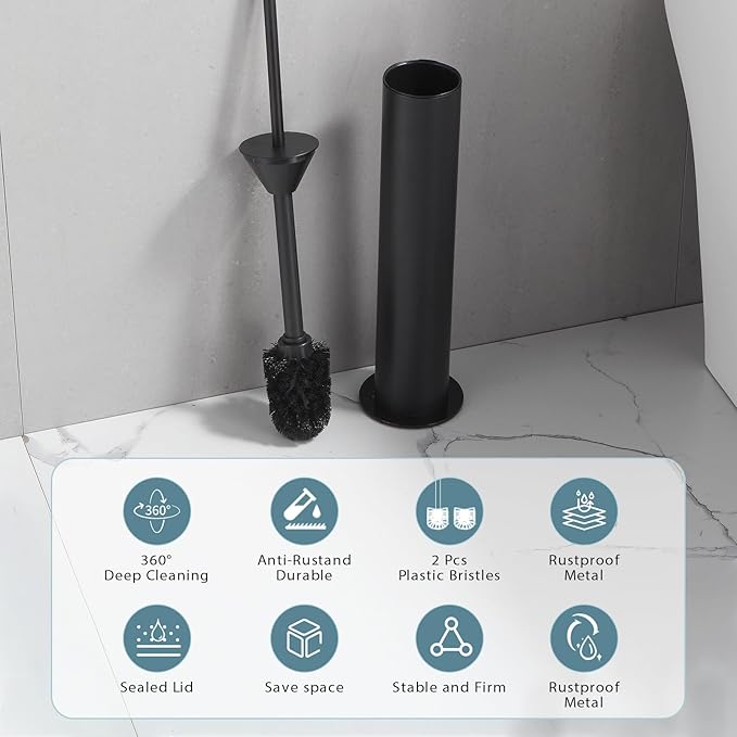 BGL Toilet Brush and Holder Set, Heavy Duty 304 Stainless Steel, Round Base and Long Handle for Bathroom Deep Cleaning, Drip-Proof, Space Saving for Storag, Black