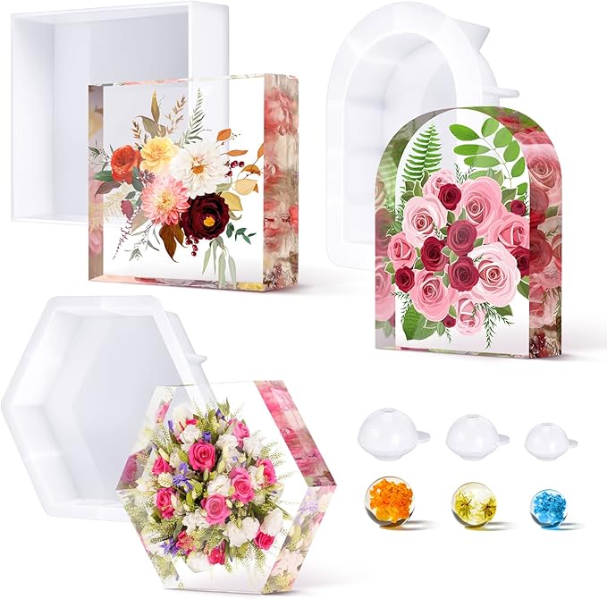 3 Pcs Large Silicone Molds for Resin Activity Hexagon Glossy Deep Square Molds with 3 Pcs Round Epoxy Resin Patterns for Flowers Preservation DIY Making