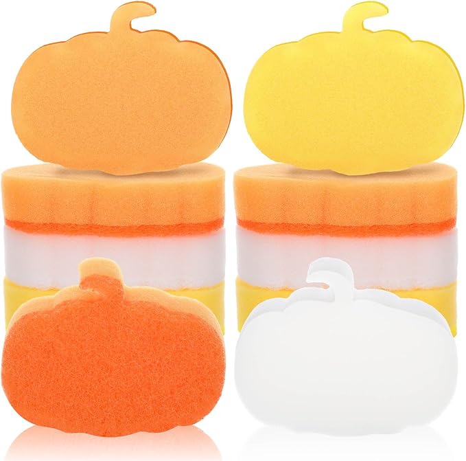 Tioncy 12 Pack Thanksgiving Pumpkin Kitchen Sponges Bulk Fall Dual Sided Scrubber Sponges Dishwashing Non Scratch for Kitchen Accessories Dish Scouring Orange, Yellow, Beige