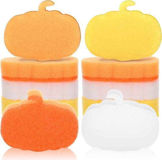 Tioncy 12 Pack Thanksgiving Pumpkin Kitchen Sponges Bulk Fall Dual Sided Scrubber Sponges Dishwashing Non Scratch for Kitchen Accessories Dish Scouring Orange, Yellow, Beige