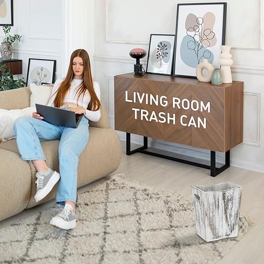 2 Pack Trash Can Wood Waste Basket Wooden Garbage Bins Decorative Farmhouse Trash Can for Bathroom Bedroom Office Desk Living Room (Rustic White)