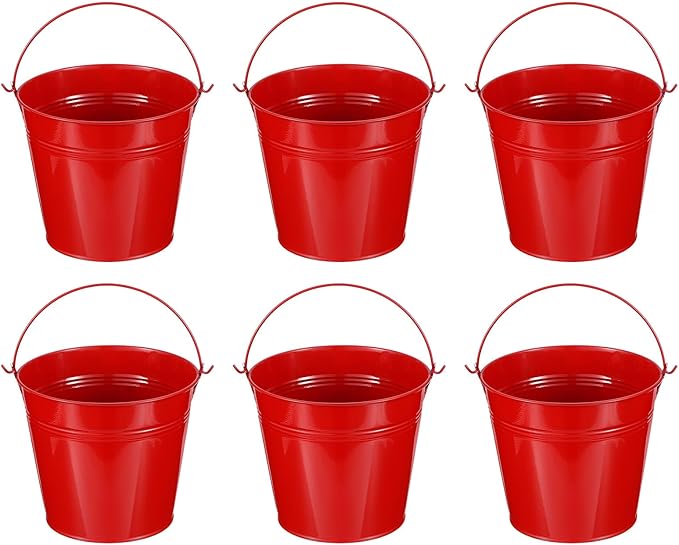 PATIKIL 5.9"x5.1" Small Metal Buckets with Handle, 6 Pcs Mini Galvanized Bucket Colorful Easter Buckets for Crafts Party Favors Decoration, Red