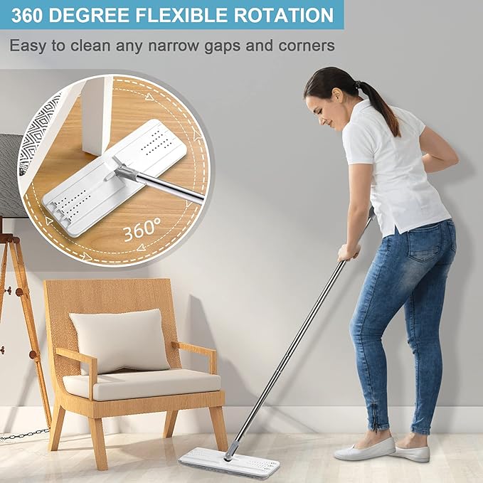 Mop and Bucket with Wringer Set, Hands Free Flat Floor Mop and Bucket, 8 Washable Microfiber Pads Included, Wet and Dry Use, Home Floor Cleaning System for All Floor Types and Windows