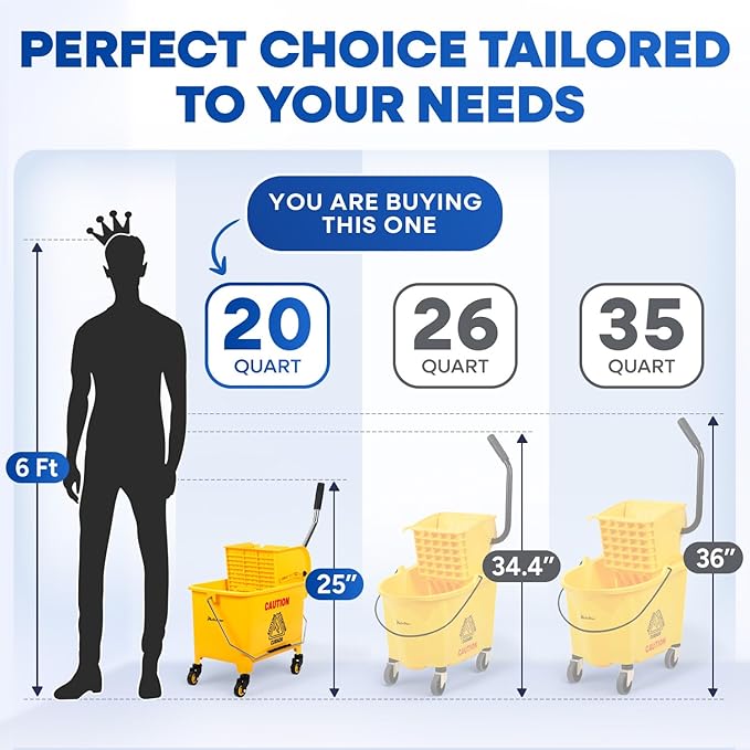 Commercial Mop Bucket with Wringer on Wheels Small 5 Gallon, Heavy Duty Dual Chamber Industrial Mop Bucket Separate Dirty Water, Perfect for Business Household, 20 Quart Yellow