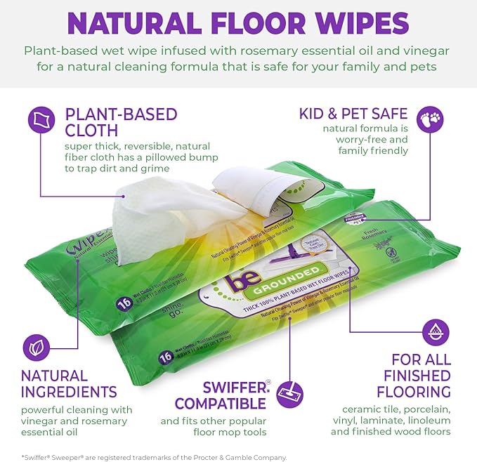Wipex Natural Wet Floor Wipes - Rosemary Essential Oil & Vinegar - Textured Plant-Based Cloth to Trap and Absorb Dirt - Fit Swiffer Sweeper Mop - Wet Mop Pads Refills, Case Size, 16 Count (Pack of 12)