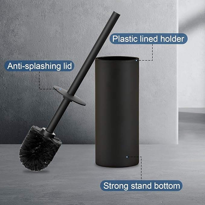 Toilet Brush and Holder Set, NEWRAIN 304 Stainless Steel Toilet Brush with Long Brush Handle, Matte Black Toilet Scrubber and Covered Holder, Round Design Sturdy and Space Saving, Covered Brush
