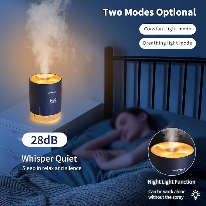 SmartDevil Small Humidifiers, 500ml Desk Humidifiers, Whisper-Quiet Operation, Night Light Function, Two Spray Modes, Auto Shut-Off for Bedroom, Babies Room, Office, Home (Dark Blue)