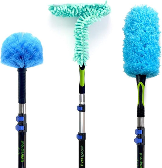 EVERSPROUT 1.5-to-3 Ft Duster 3-Pack with Extension-Pole (8-10 Ft Standing Reach) | Hand-Packaged Cobweb Duster, Microfiber Feather Duster, Flexible Microfiber for Ceiling & Fan | Telescopic Pole