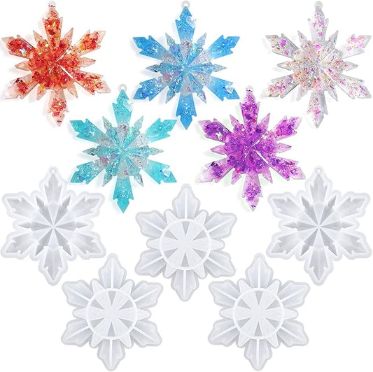 Sakolla 5 Pieces Christmas Silicone Resin Molds 3D Snowflake Molds Silicone Epoxy Casting Resin Mould for DIY Christmas Ornament Jewelry Pendant Decoration, Keychain