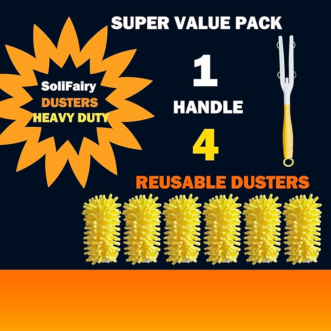 Reusable Duster for Swiffer, 4 Refills +1 Handle, 360 Heavy Duty Duster Refill Compatible with Swiffer Hand Dusters, for Dusting Furniture, Blinds, Ceiling Fans, Walls and More, Yellow